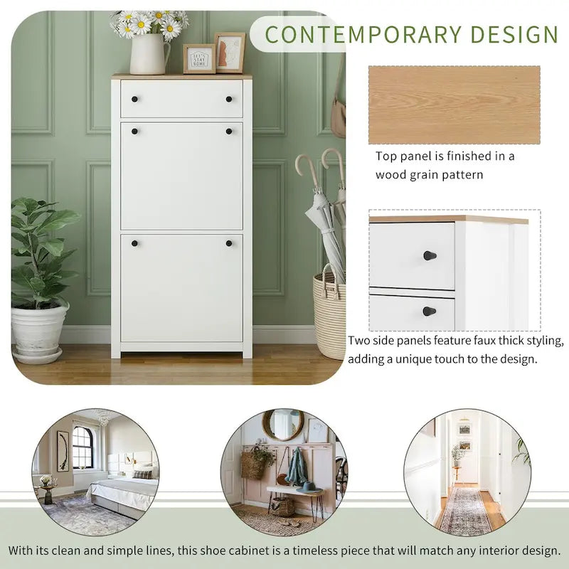 Entryway Organizer with 2 Flip Drawers, Wood Grain Pattern Top Shoe Cabinet with Drawer, Shoe Rack with Adjustable Panel
