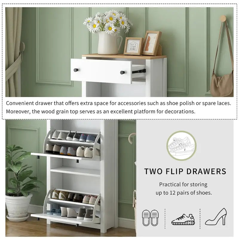 Entryway Organizer with 2 Flip Drawers, Wood Grain Pattern Top Shoe Cabinet with Drawer, Shoe Rack with Adjustable Panel