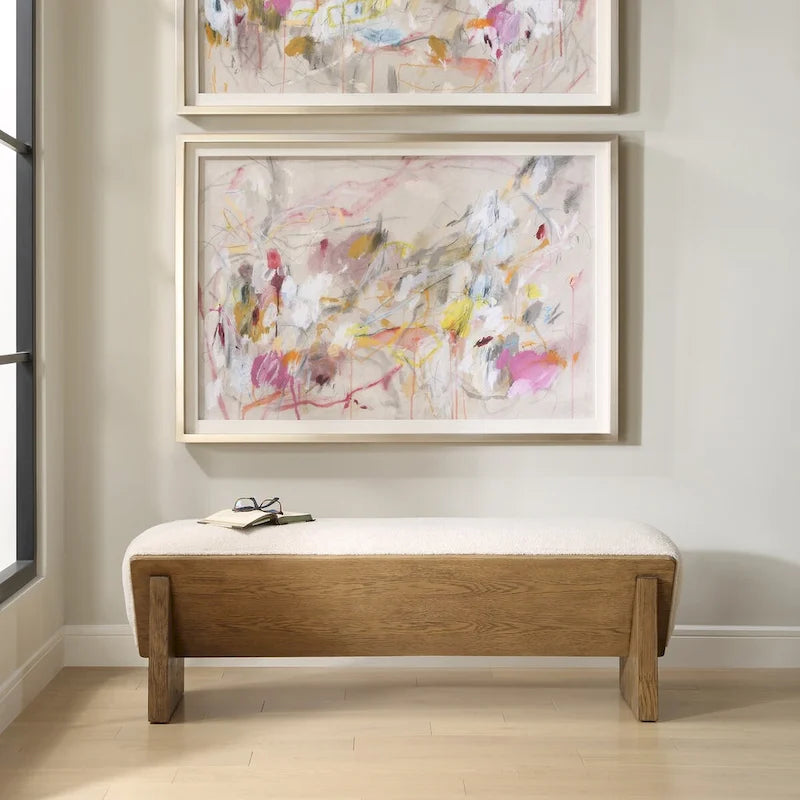 Wedged Ivory Fabric Bench 17 H X 59 W X 19 D