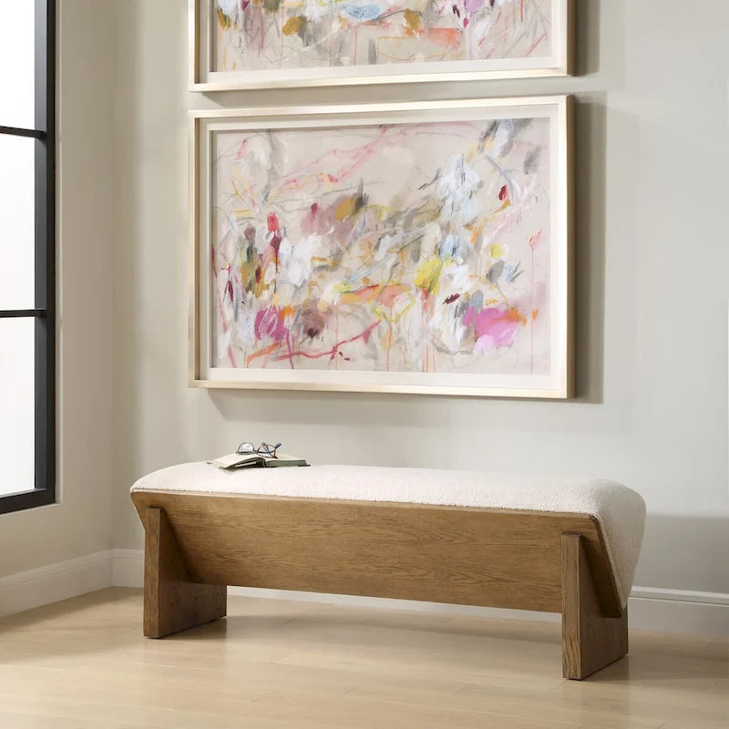 Wedged Ivory Fabric Bench 17 H X 59 W X 19 D