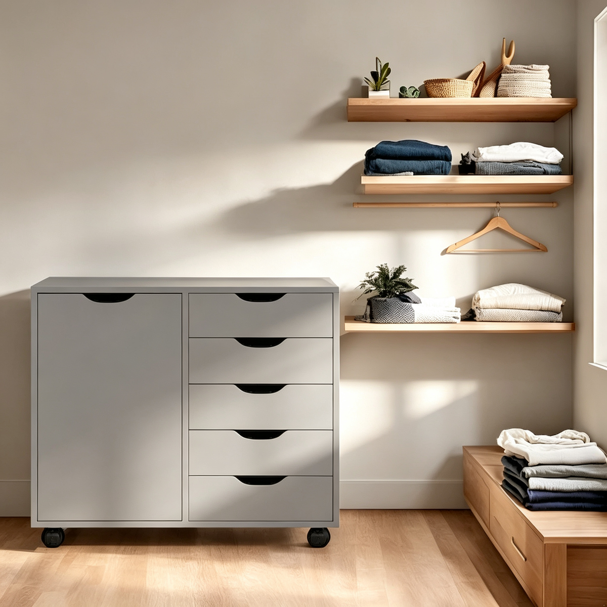Wooden 5-Drawer Office Storage Cabinet with Extra Shelf and 360 Mobility for Effortless Organization